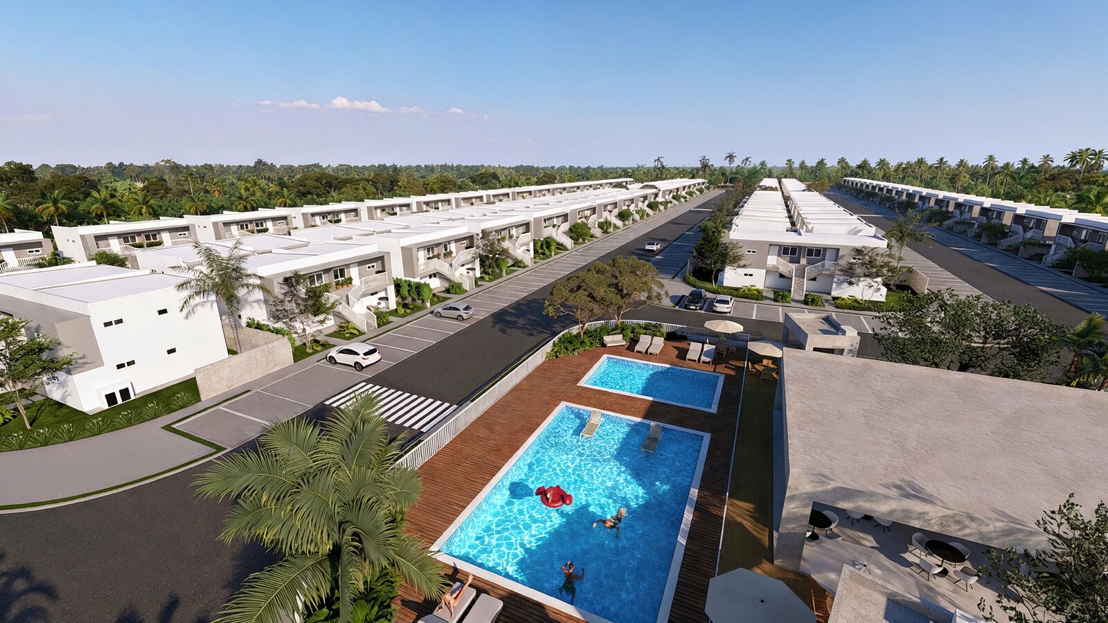 Vista aérea do Barcelos Residence com piscina e unidades sobrepostas em Marechal Deodoro