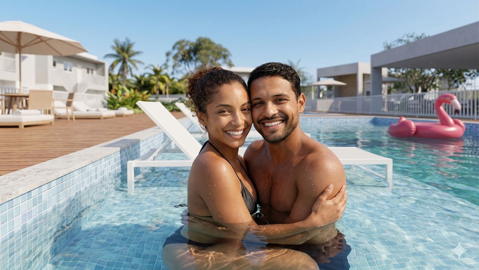 Casal na piscina do clube privativo do Barcelos Residence